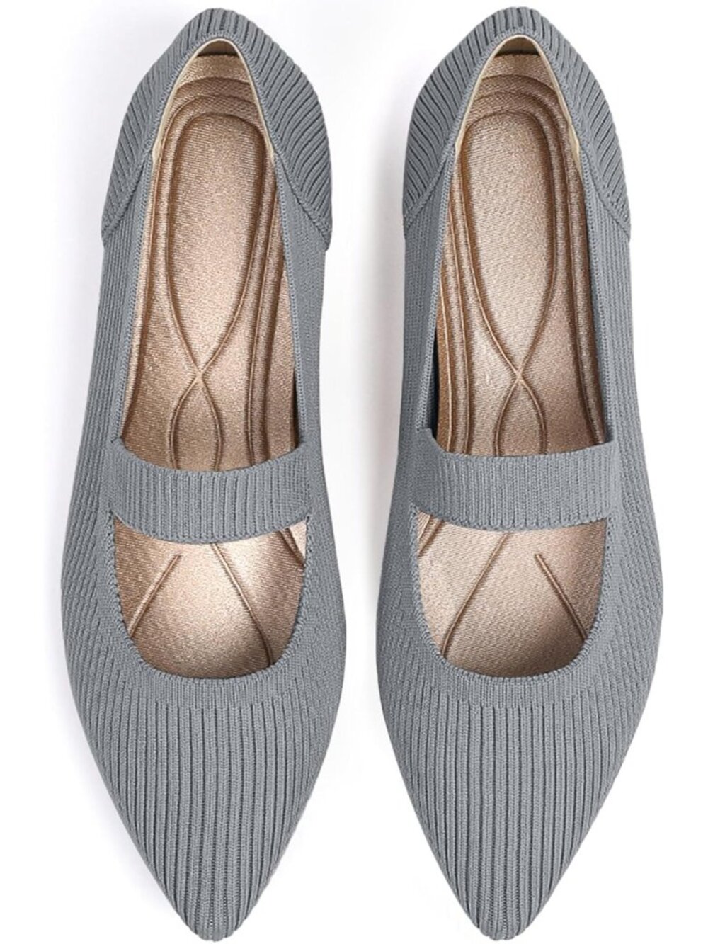 Women's Grey Knit Mary Jane Flats Pointed Toe Pull On Comfortable Flats Shoes